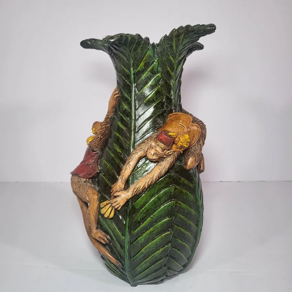 Cedar Creek Collection 3D Palm Leaf Monkey & Banana Resin Vase - Tropical Decor